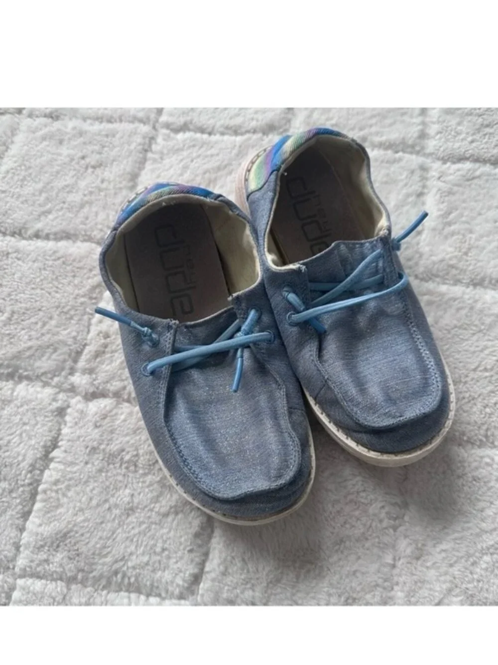 Hey Dude | Blue & Rainbow Wendy Youth Sparkle Denim Shoes | Size Y1-L2